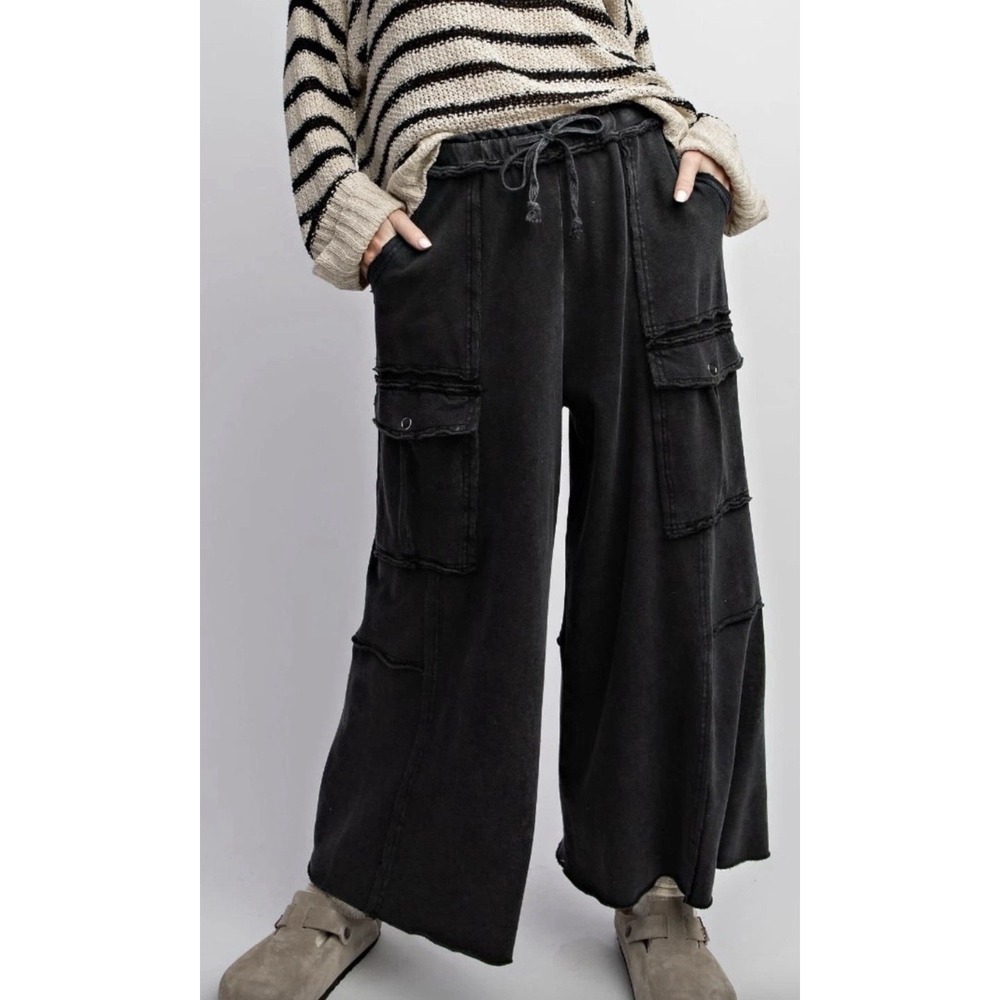 Easel Womens Utility Mineral Washed Wide Leg Terry Knit Cargo Pant Black Large - Picture 2 of 15